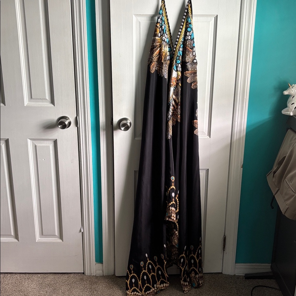 Asa Kaftans Black/Blue Patterned Halter Dress.
